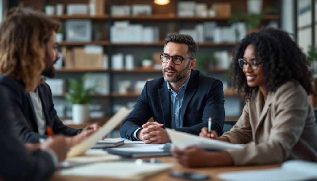 conversacion en biblioteca hombre y mujer de negocios