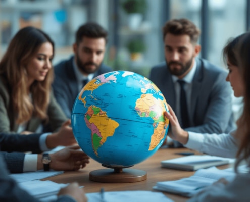 equipo de trabajo con globo terraqueo en reunion